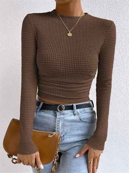 Damen Crop-Top Langarm Waffelstrick Sommer