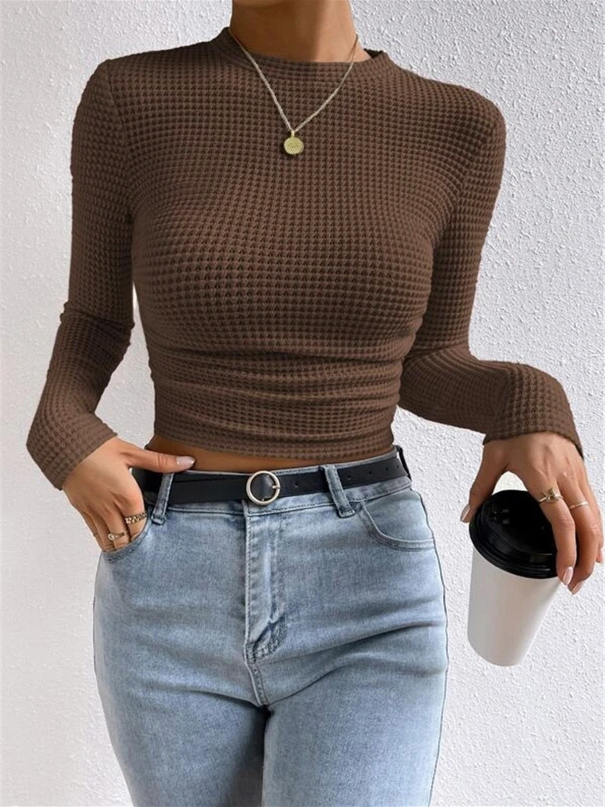 Damen Crop-Top Langarm Waffelstrick Sommer