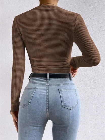 Damen Crop-Top Langarm Waffelstrick Sommer