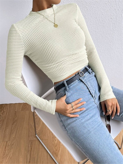 Damen Crop-Top Langarm Waffelstrick Sommer