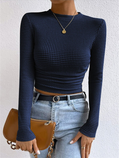 Damen Crop-Top Langarm Waffelstrick Sommer