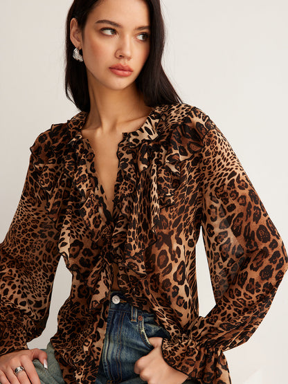 Damen Leopardenbluse Sommer Rüschenkragen Elegante - BerlinGlamour