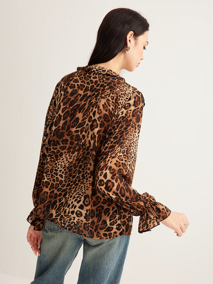 Damen Leopardenbluse Sommer Rüschenkragen Elegante