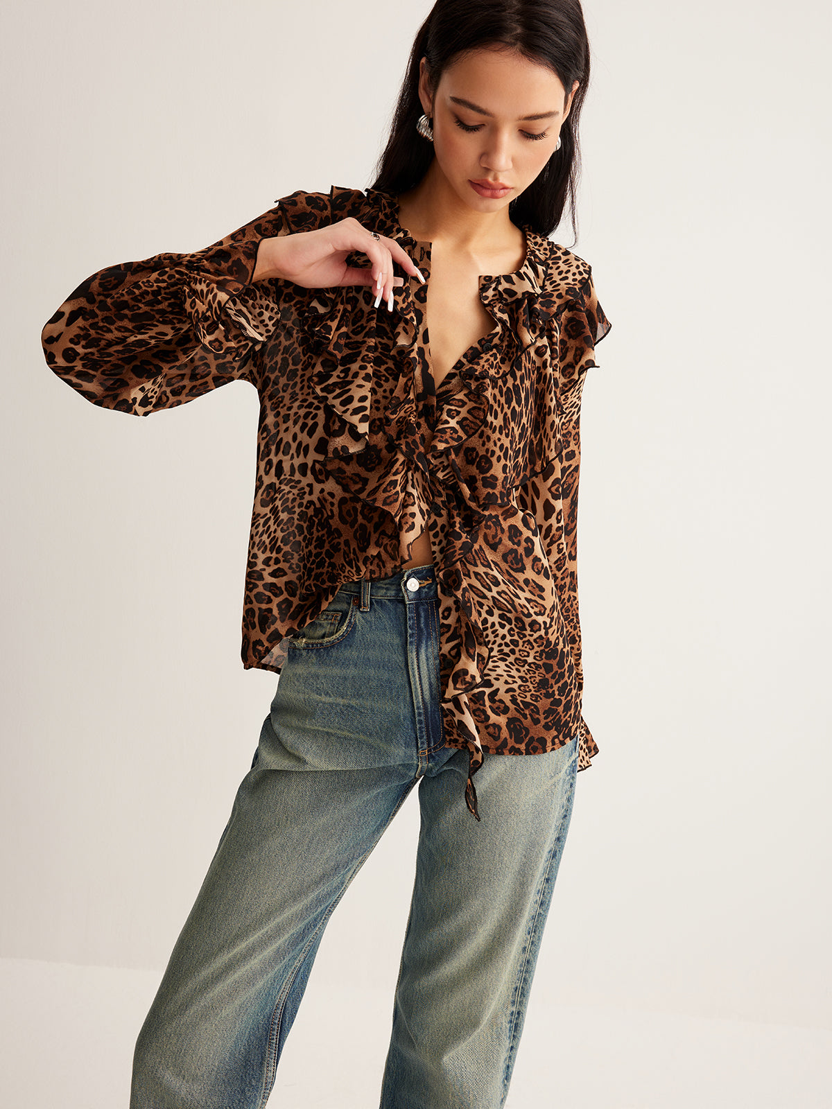 Damen Leopardenbluse Sommer Rüschenkragen Elegante