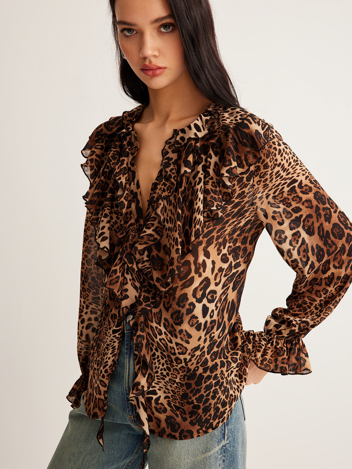 Damen Leopardenbluse Sommer Rüschenkragen Elegante
