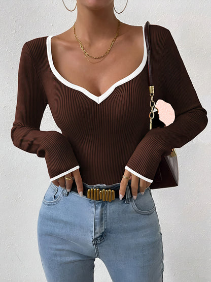 Damen Pullover Warm V-Ausschnitt Kontrastbesatz Winter