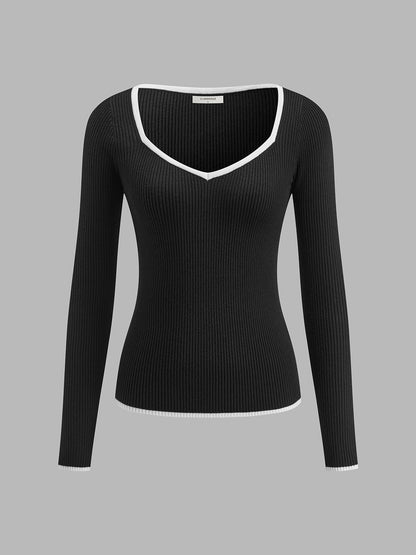 Damen Pullover Warm V-Ausschnitt Kontrastbesatz Winter