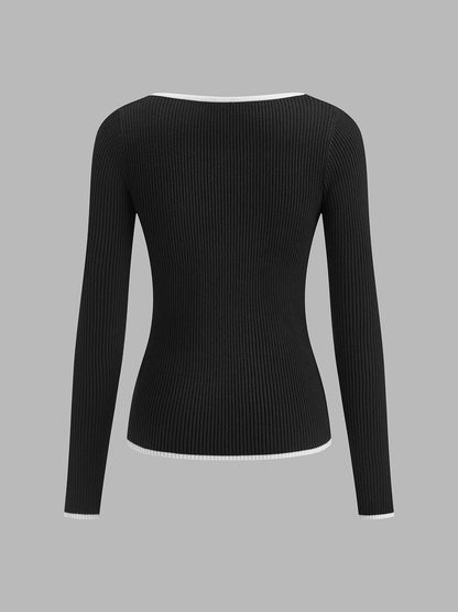 Damen Pullover Warm V-Ausschnitt Kontrastbesatz Winter