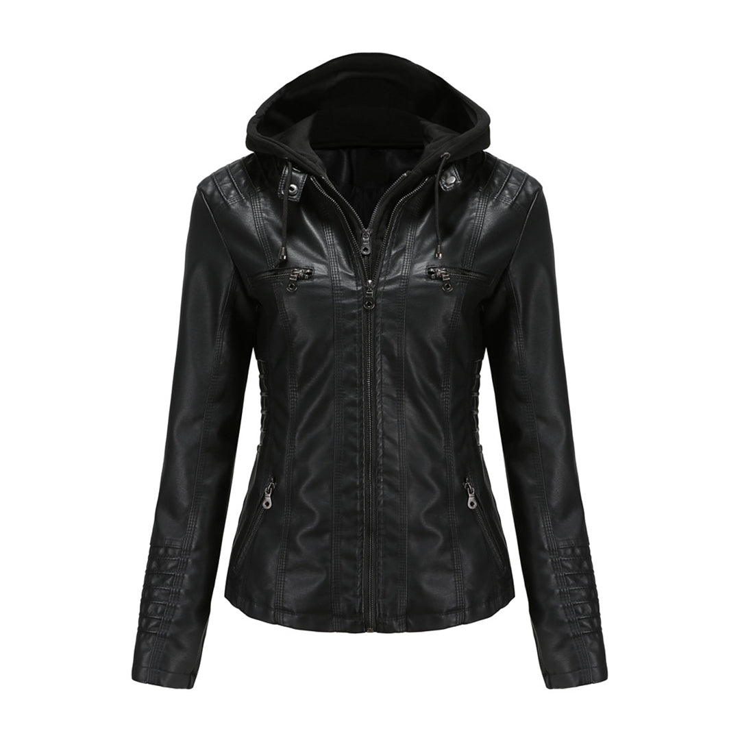 Lederjacke Damen Motorradjacke mit Kapuze Schwarz - BerlinGlamour