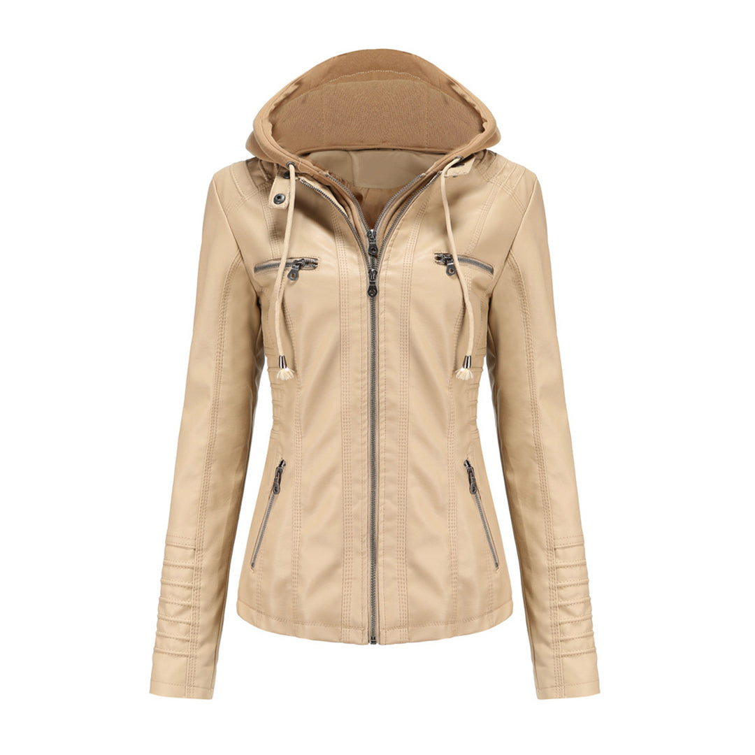 Lederjacke Damen Motorradjacke mit Kapuze Schwarz
