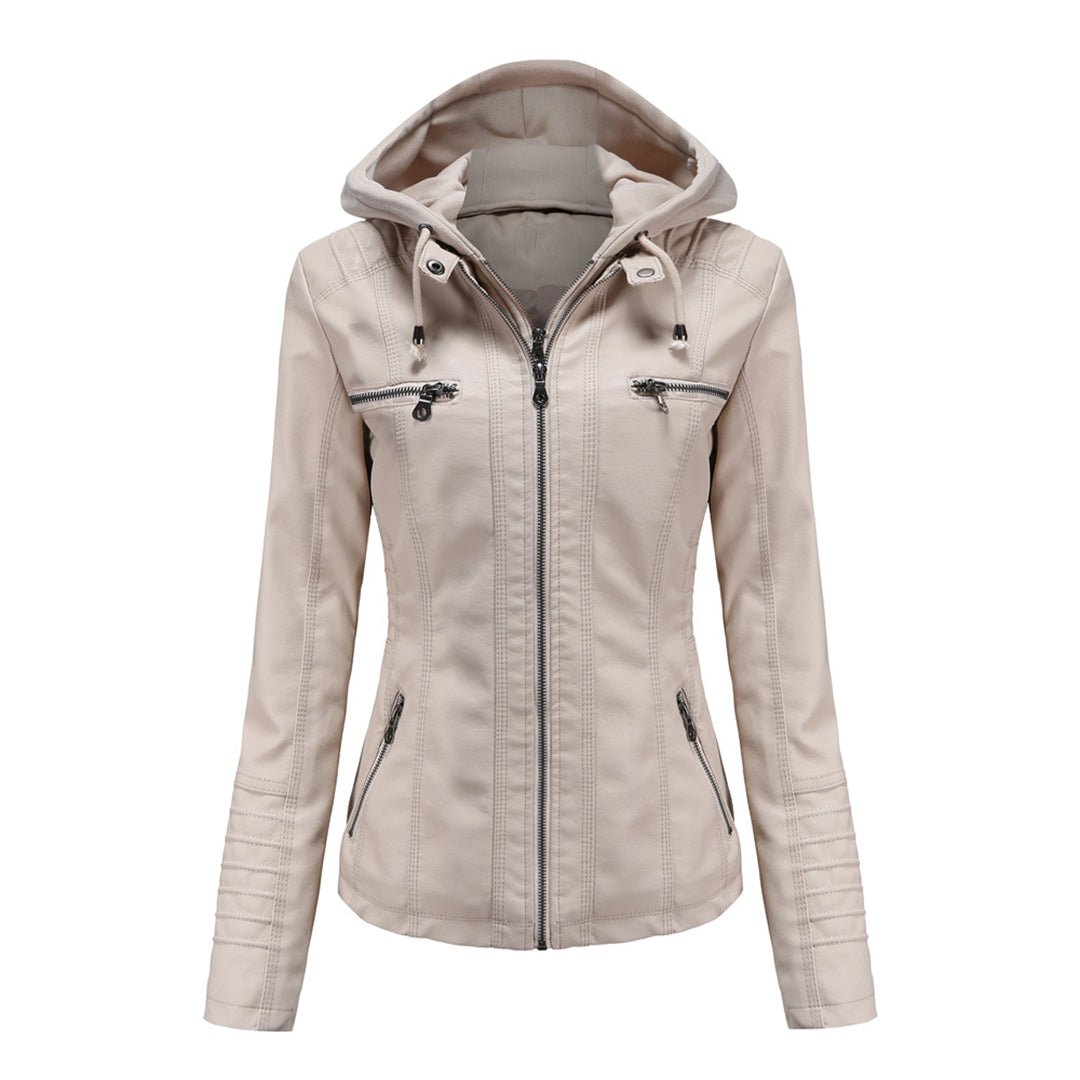 Lederjacke Damen Motorradjacke mit Kapuze Schwarz