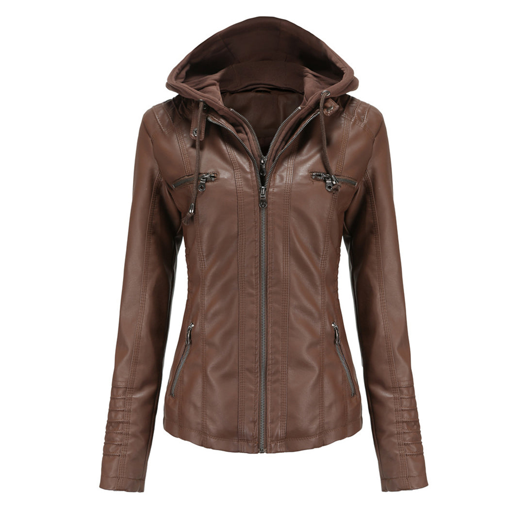 Lederjacke Damen Motorradjacke mit Kapuze Schwarz