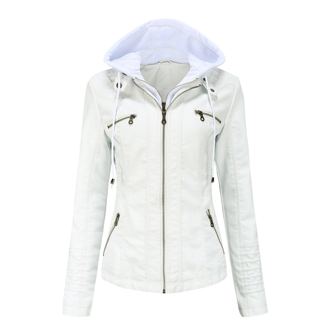 Lederjacke Damen Motorradjacke mit Kapuze Schwarz