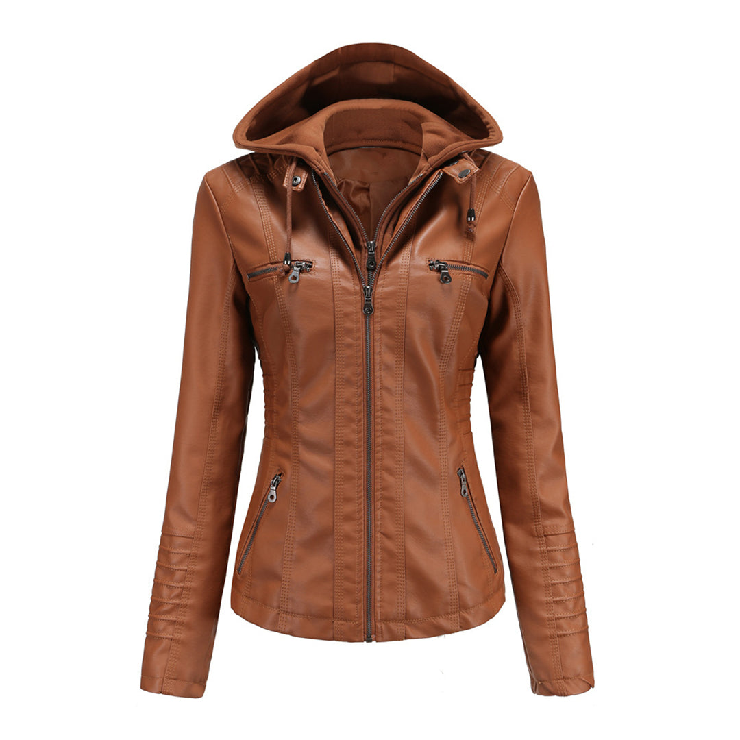 Lederjacke Damen Motorradjacke mit Kapuze Schwarz