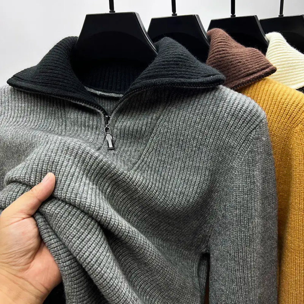 Lockere Strickjacke Rippenstrick Wolle Hochkragen Reißverschluss