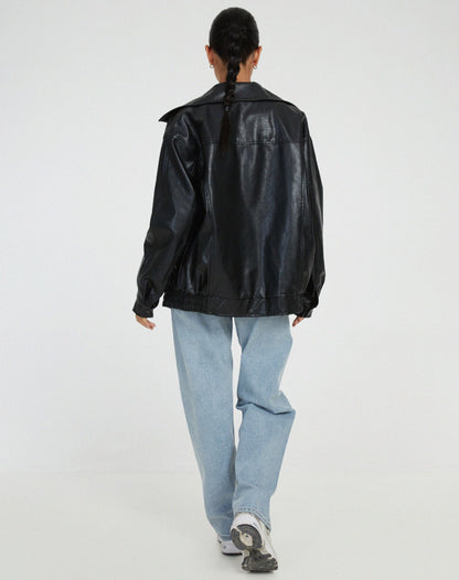 Ledermantel Damen Groß PU Lederjacke Modern Schwarz