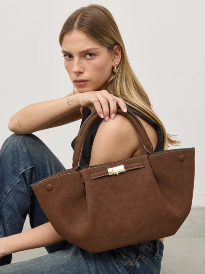 Braune Leder Tote Bag Damen mit Schulterriemen Gold