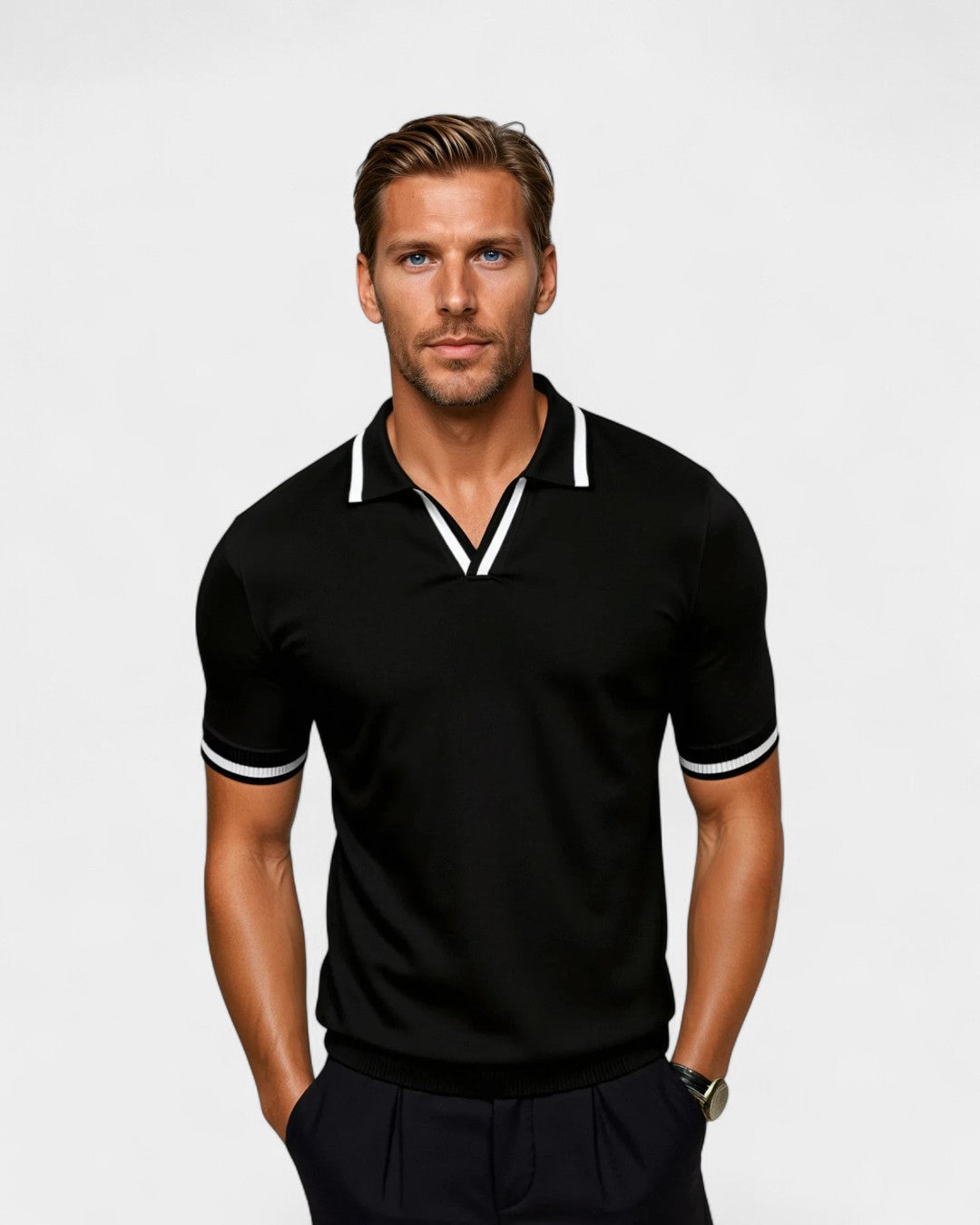 Herren Poloshirt Strick Kontrastkragen Modern - BerlinGlamour