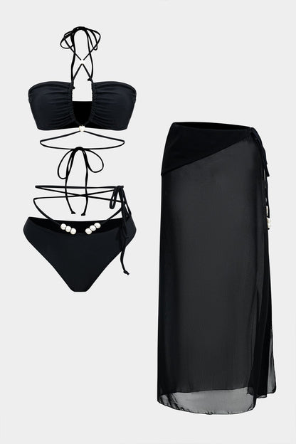 Bikini-Set Dreiteilig mit Perlen Wickelband-Design - BerlinGlamour