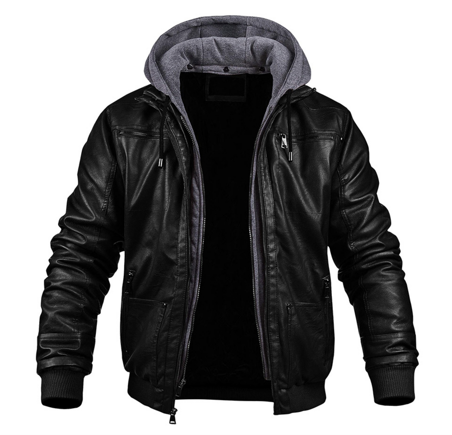 Leder Winterjacke mit Kapuze Schwarz Echtleder