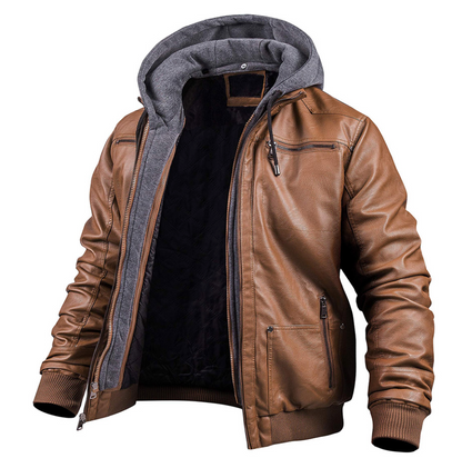 Leder Winterjacke mit Kapuze Schwarz Echtleder