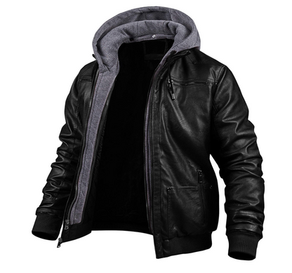 Leder Winterjacke mit Kapuze Schwarz Echtleder