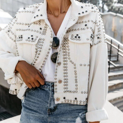 Damen Kurzjacke Nieten Lederjacke Modern