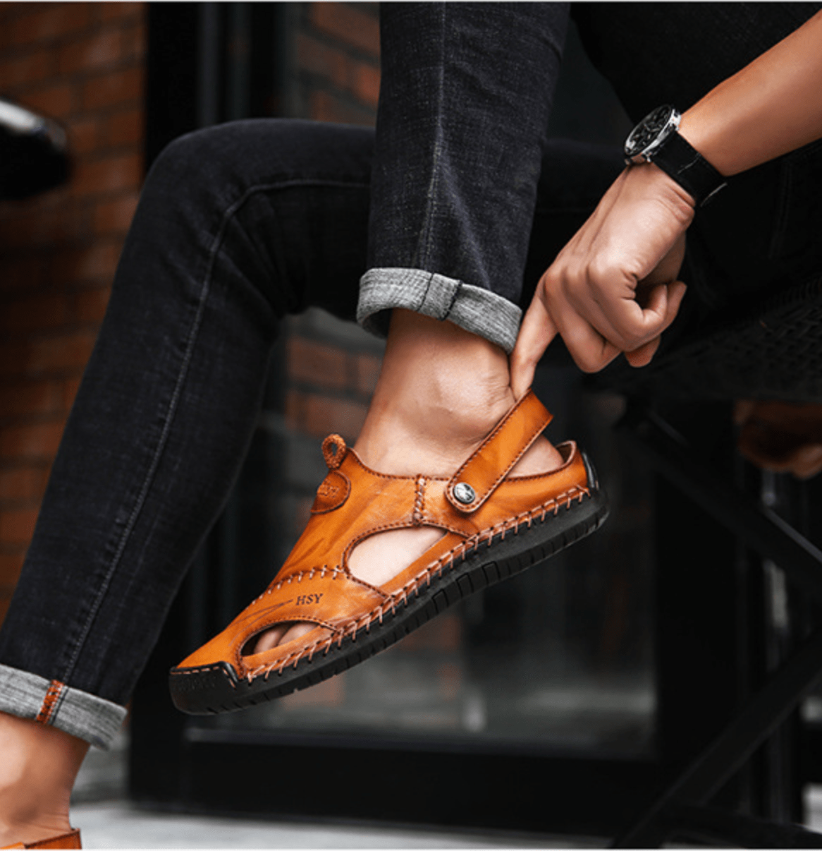 Herrensandalen Leder Weich Bequem Atmungsaktiv