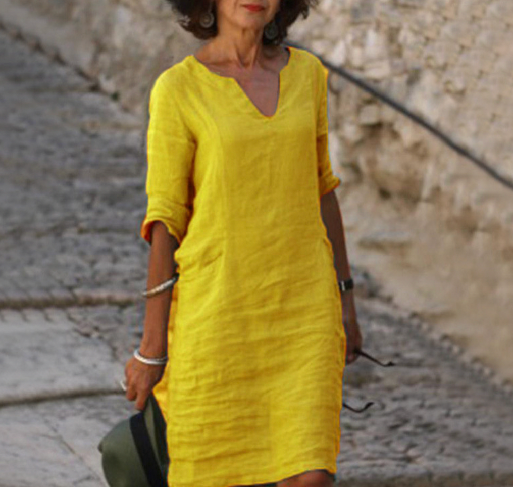 Damen-Leinen-Midikleid mit V-Ausschnitt