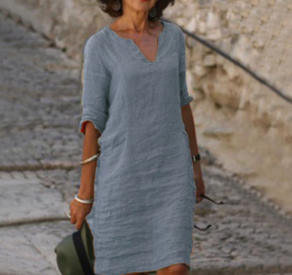 Damen-Leinen-Midikleid mit V-Ausschnitt