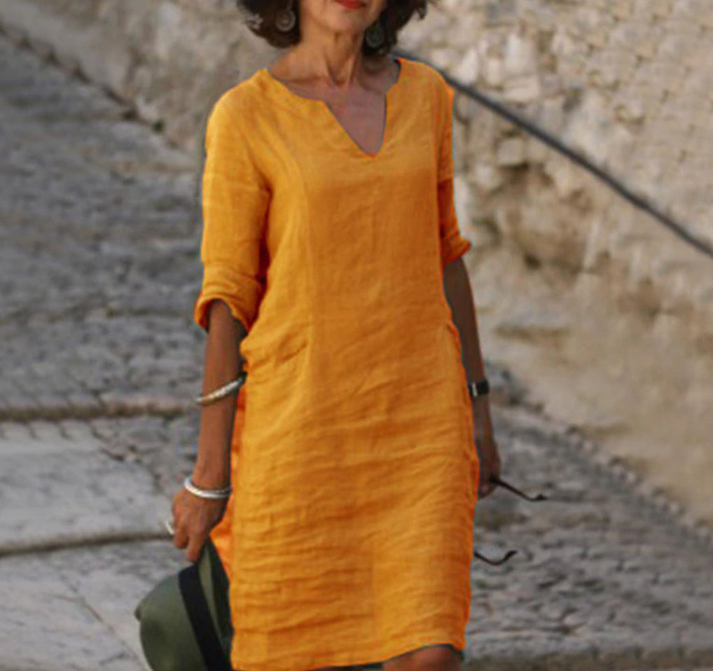 Damen-Leinen-Midikleid mit V-Ausschnitt