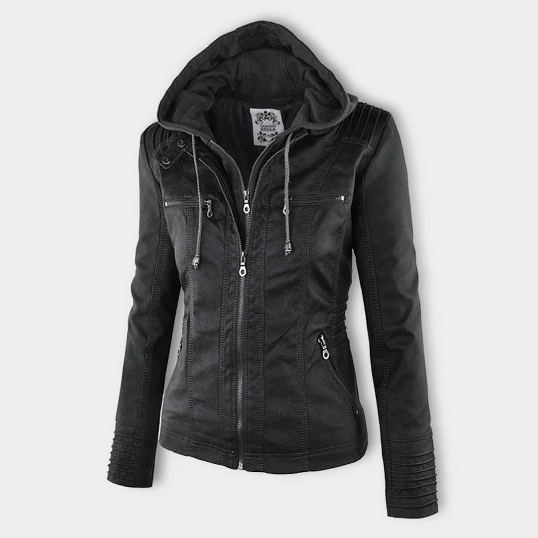 Lederjacke Damen Doppelgefüttert mit Kapuze Schwarz