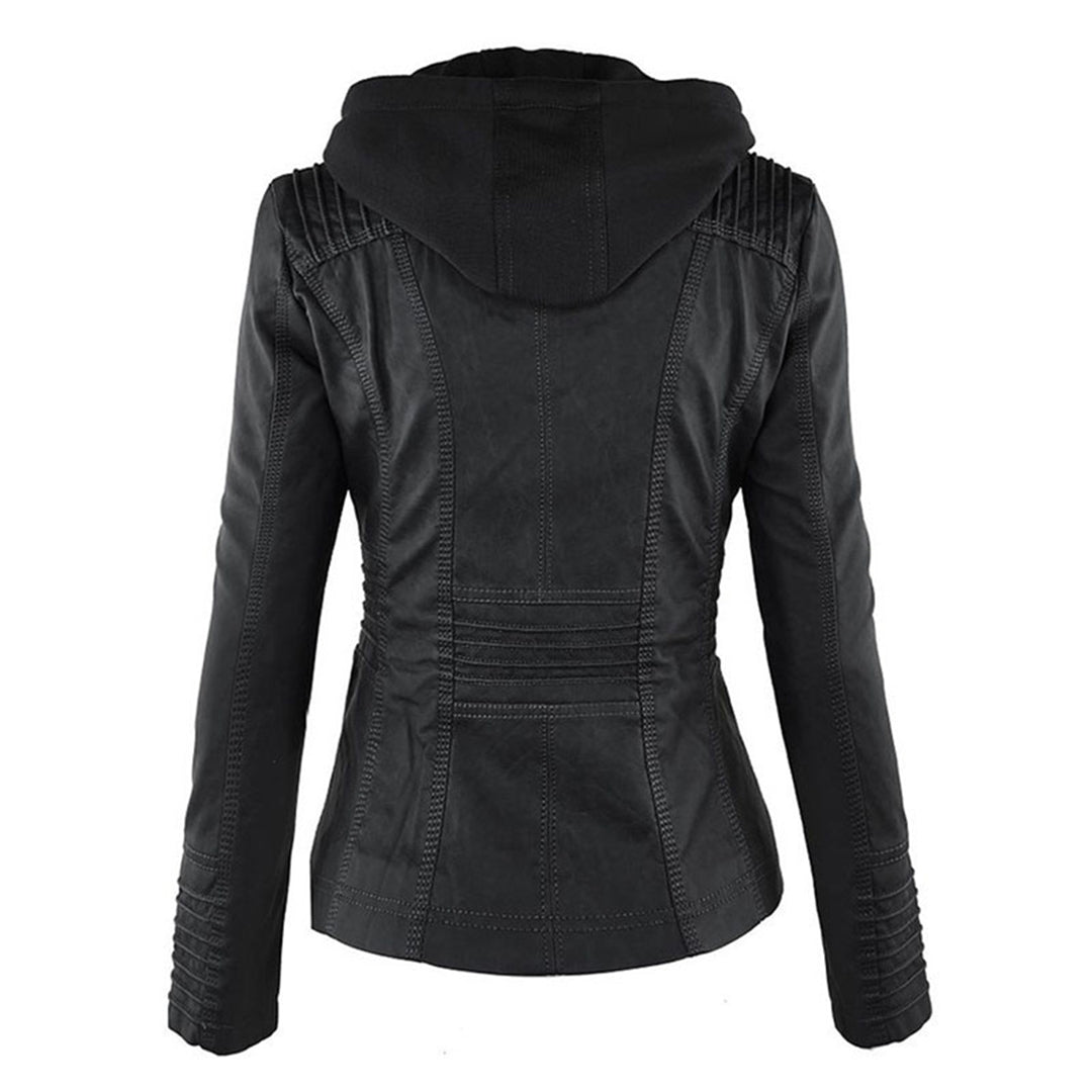 Lederjacke Damen Doppelgefüttert mit Kapuze Schwarz