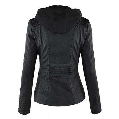 Lederjacke Damen Doppelgefüttert mit Kapuze Schwarz
