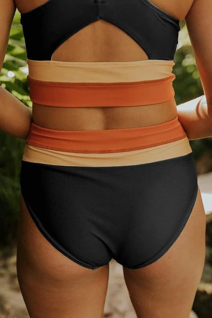 Bikini Set Hochtailliert Marine Farbblock Crop Top