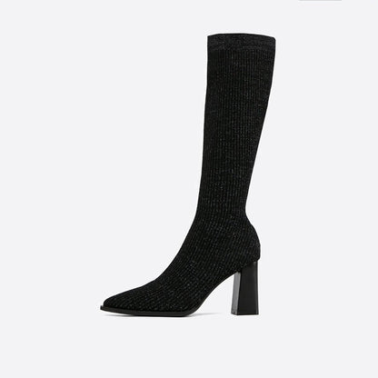 Stiefel Knielang Spitze Absatz Heidi Stil