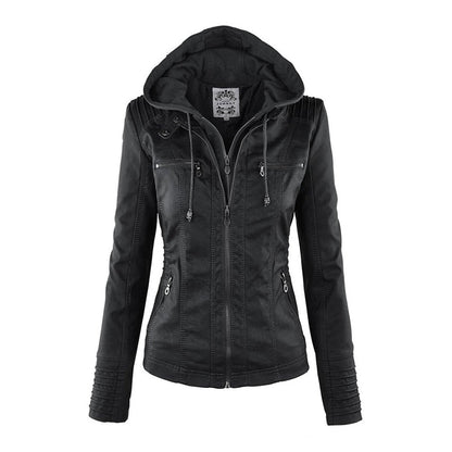 Lederjacke Damen Doppelgefüttert mit Kapuze Schwarz