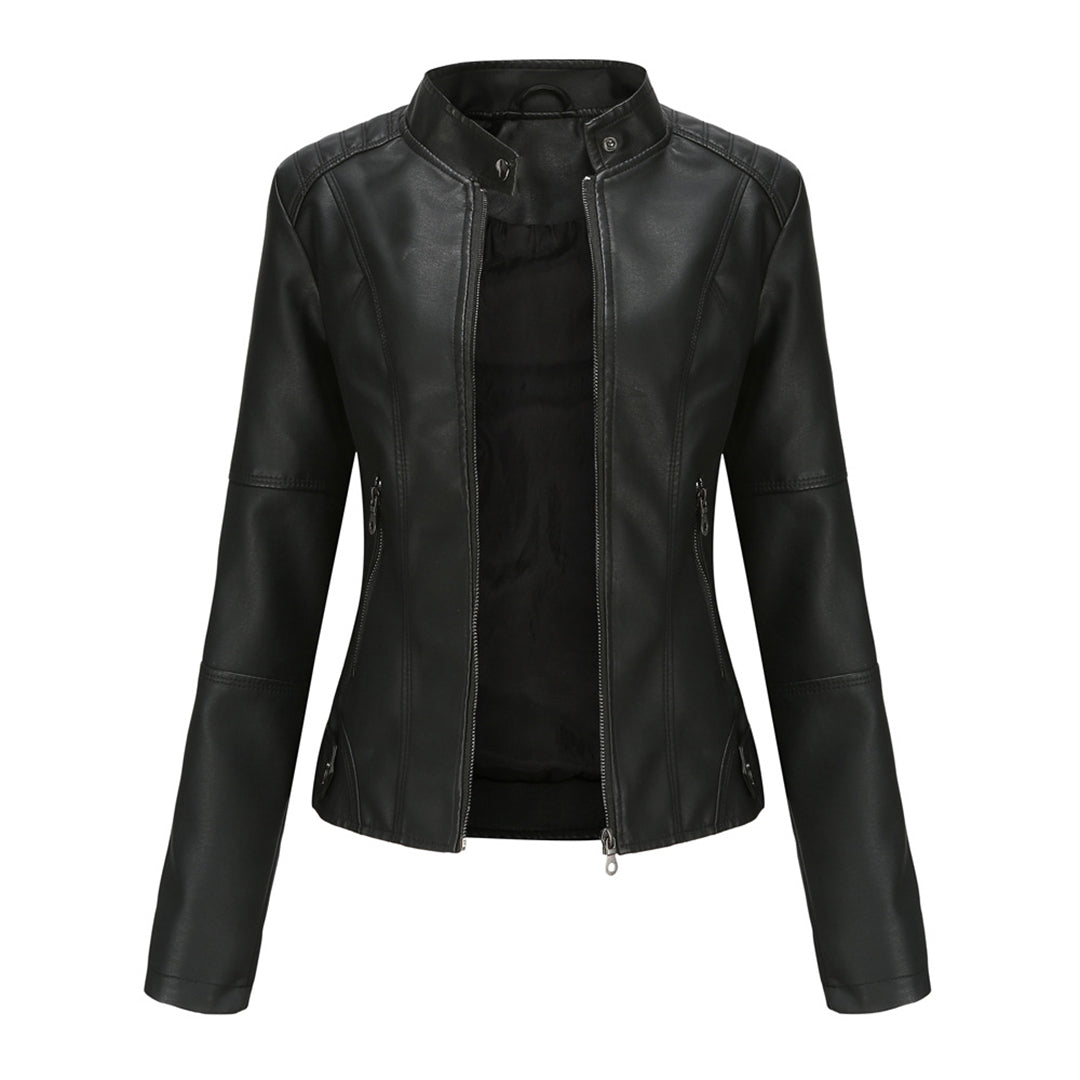Leder Bikerjacke Damen Reißverschluss Vorne Schwarz - BerlinGlamour