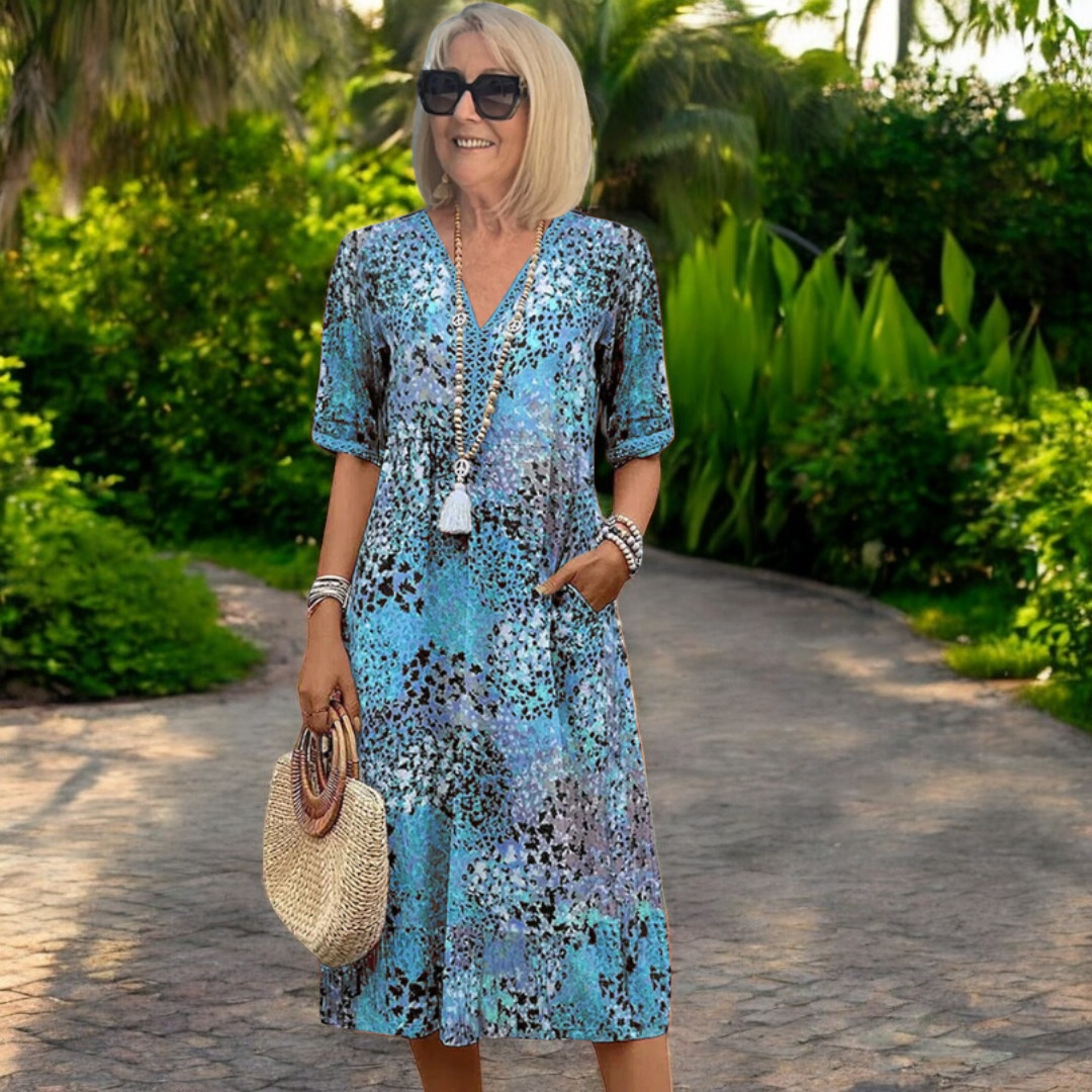 Damen Midi-Kleid Lebhafter Blumen-Print Sommerkleid