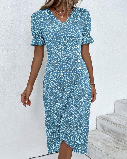 Sommerkleid Blumenmuster Kurzarm Midi Kleid