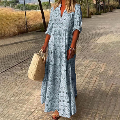 Boho Sommerkleid Langarm Damen Print Kleid