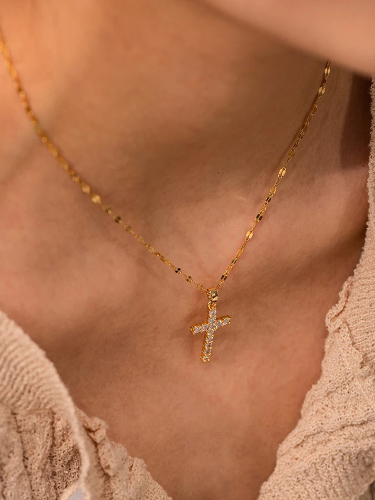 Goldene Kreuzkette Edelstahl mit Anhänger Damen Schmuck