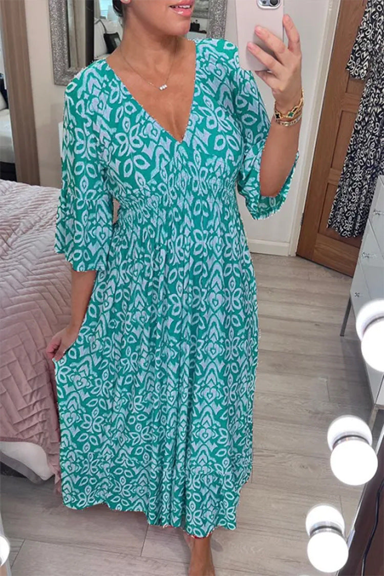 Glamour Maxikleid V-Ausschnitt Halbe Ärmel Damenkleid Freizeit