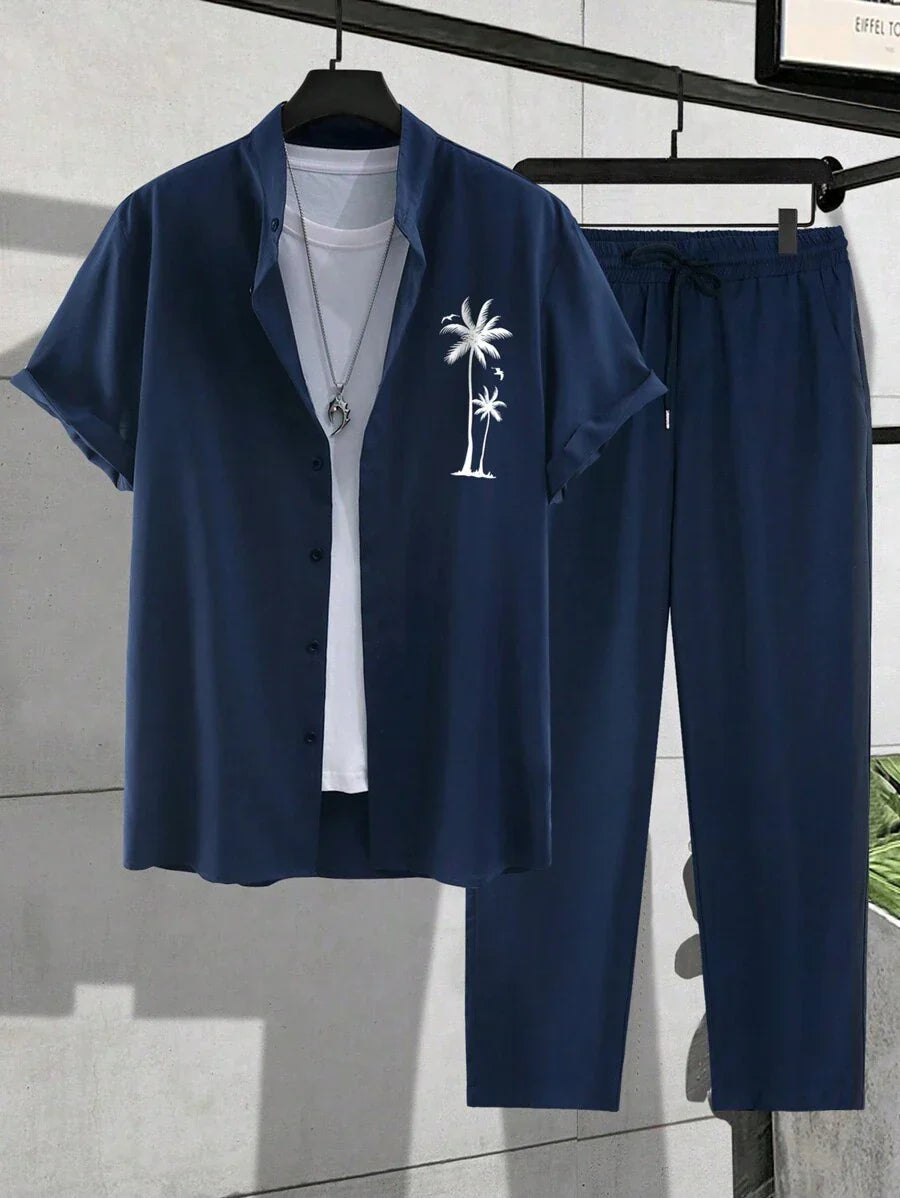 Herren Sommer Set Palmen Muster Hemd Hose
