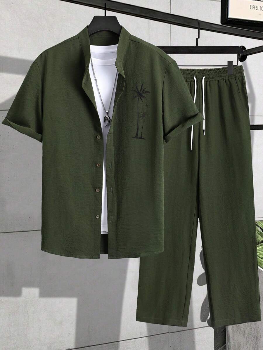 Herren Sommer Set Palmen Muster Hemd Hose