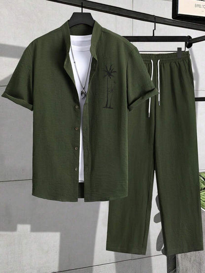 Herren Sommer Set Palmen Muster Hemd Hose