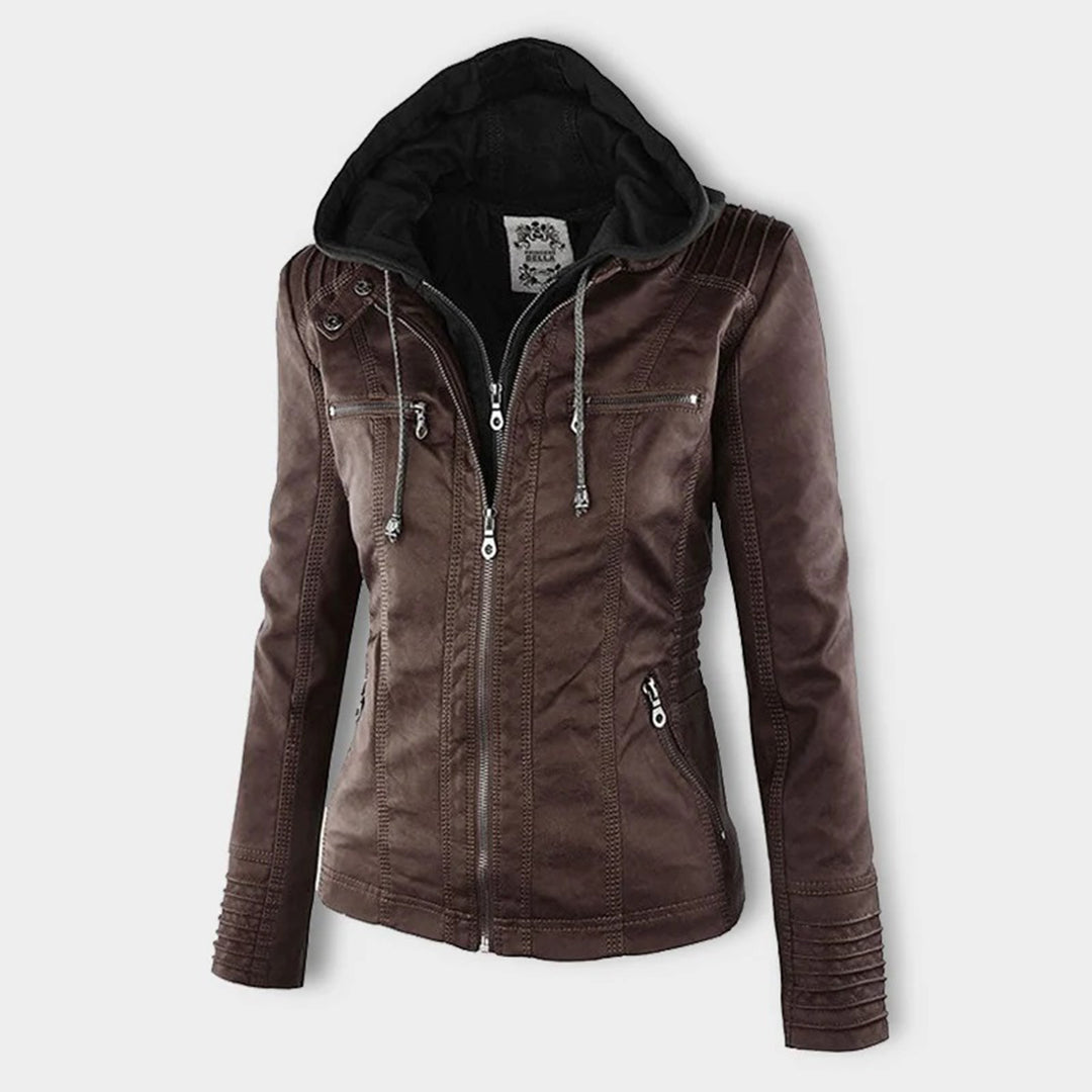 Lederjacke Damen Doppelgefüttert mit Kapuze Schwarz