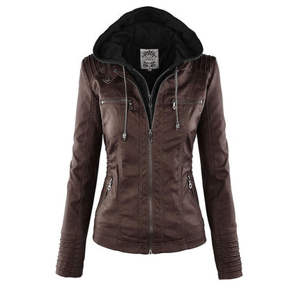 Lederjacke Damen Doppelgefüttert mit Kapuze Schwarz