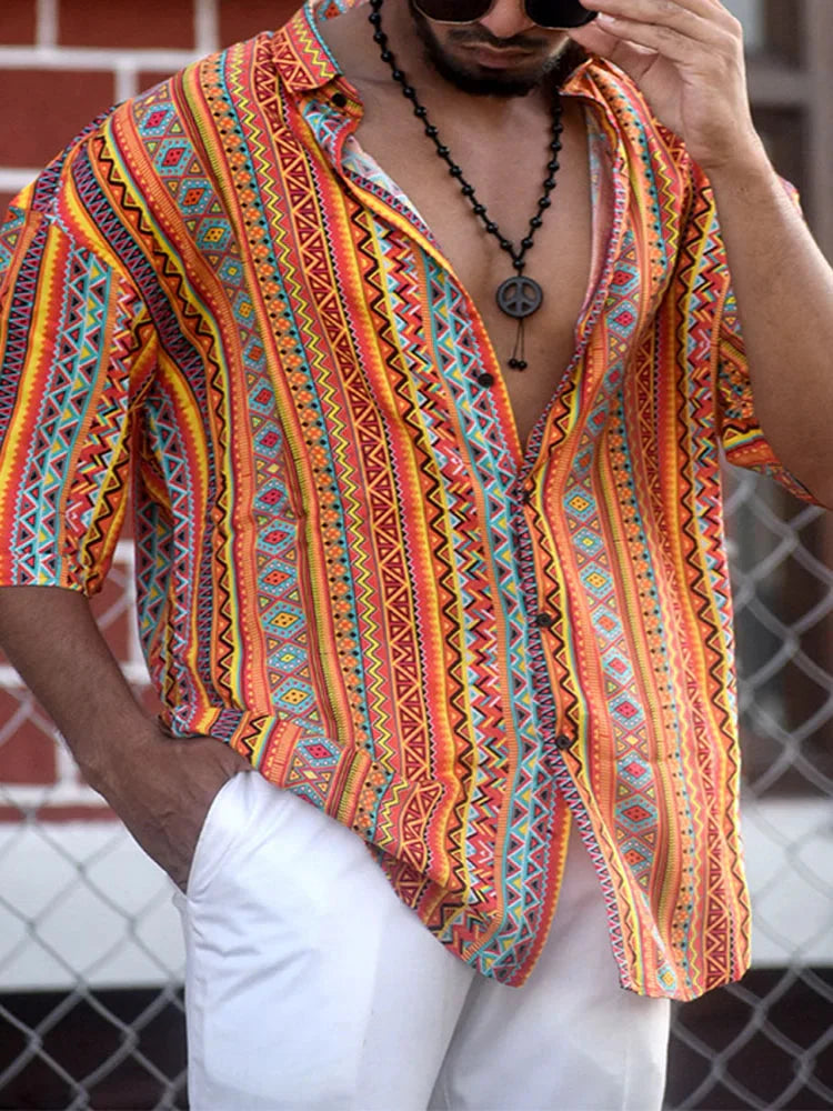 Button-Up Hemd - Kurzarm - Bedruckt - Sommerhemd - Herrenhemd-Orange-S-Chaps Herrenmode