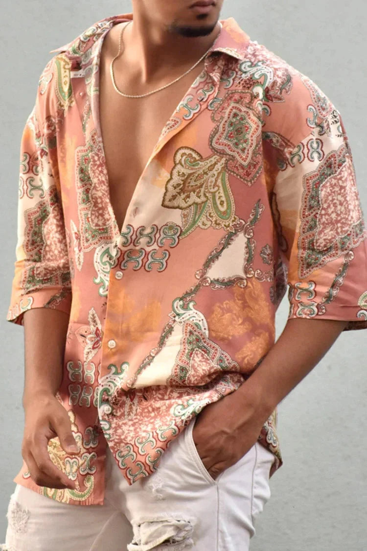 Button-Up Hemd - Kurzarm - Bedruckt - Sommerhemd - Herrenhemd-Pfirsich-S-Chaps Herrenmode